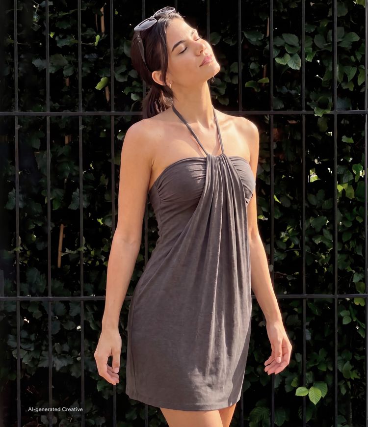 Länger geschnittenes Neckholder-Minikleid mit Rückenschnürung, integriertem BH und Taschen Länger geschnittenes Neckholder-Minikleid mit Rückenschnürung, integriertem BH und Taschen
