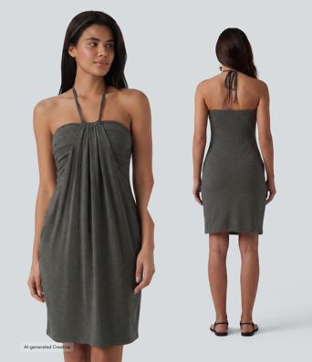 Länger geschnittenes Neckholder-Minikleid mit Rückenschnürung, integriertem BH und Taschen Länger geschnittenes Neckholder-Minikleid mit Rückenschnürung, integriertem BH und Taschen