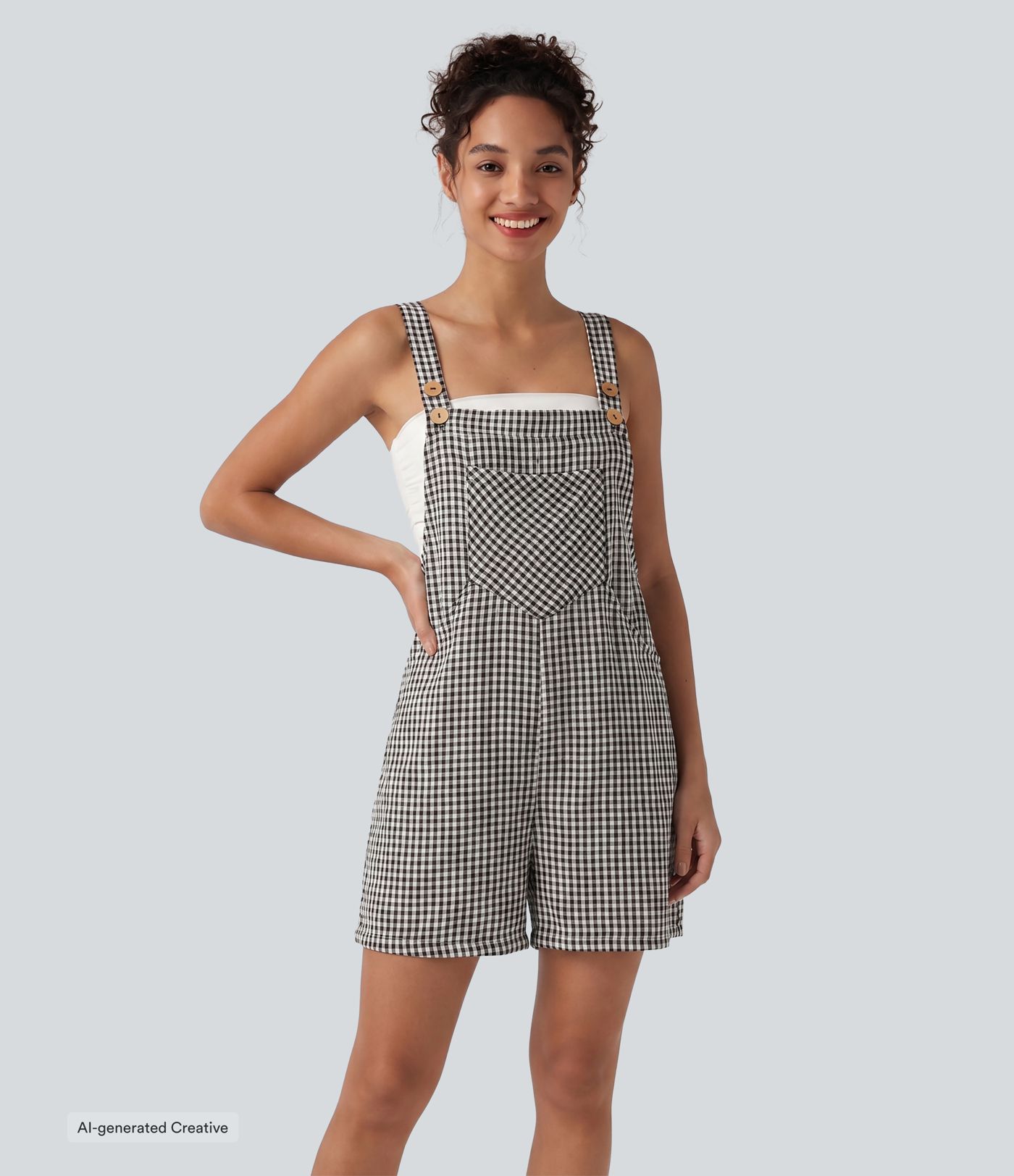 Plaid Casual Linen-Feel Short Overalls with Pockets Plaid Casual Linen-Feel Short Overalls with Pockets