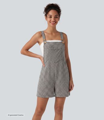 Plaid Casual Linen-Feel Short Overalls with Pockets Plaid Casual Linen-Feel Short Overalls with Pockets