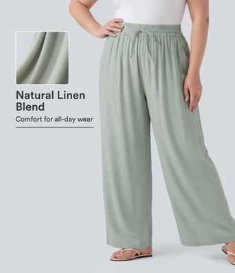 Plus Size High Waisted Drawstring Wide Leg Casual Linen-Blend Pants with Pockets