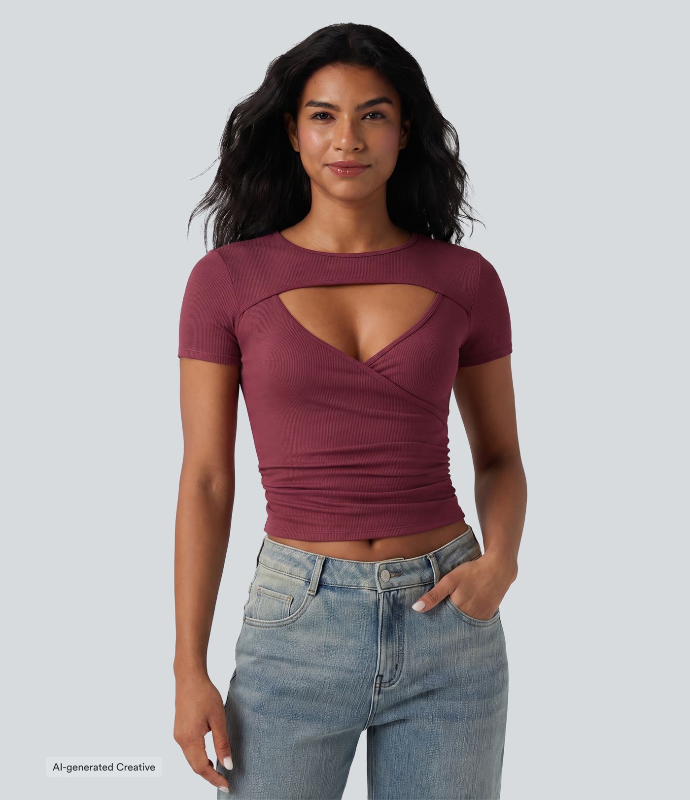 Geripptes Strick-T-Shirt mit Rundhalsausschnitt, Cut-out, Kurzärmeln und Raffung Geripptes Strick-T-Shirt mit Rundhalsausschnitt, Cut-out, Kurzärmeln und Raffung