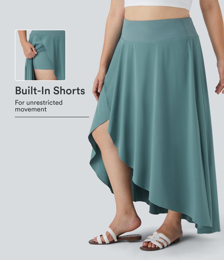 Breezeful™ Jupe midi fluide 2-en-1, taille haute, ourlet asymétrique à volants (high-low), séchage rapide, style décontracté, grande taille Breezeful™ Jupe midi fluide 2-en-1, taille haute, ourlet asymétrique à volants (high-low), séchage rapide, style décontracté, grande taille