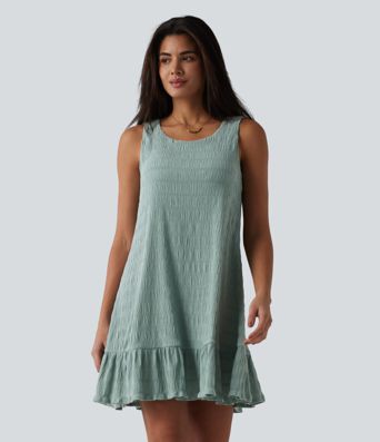 Round Neck Built-in Bra Sleeveless Ruffle Hem Mini Casual Dress Round Neck Built-in Bra Sleeveless Ruffle Hem Mini Casual Dress