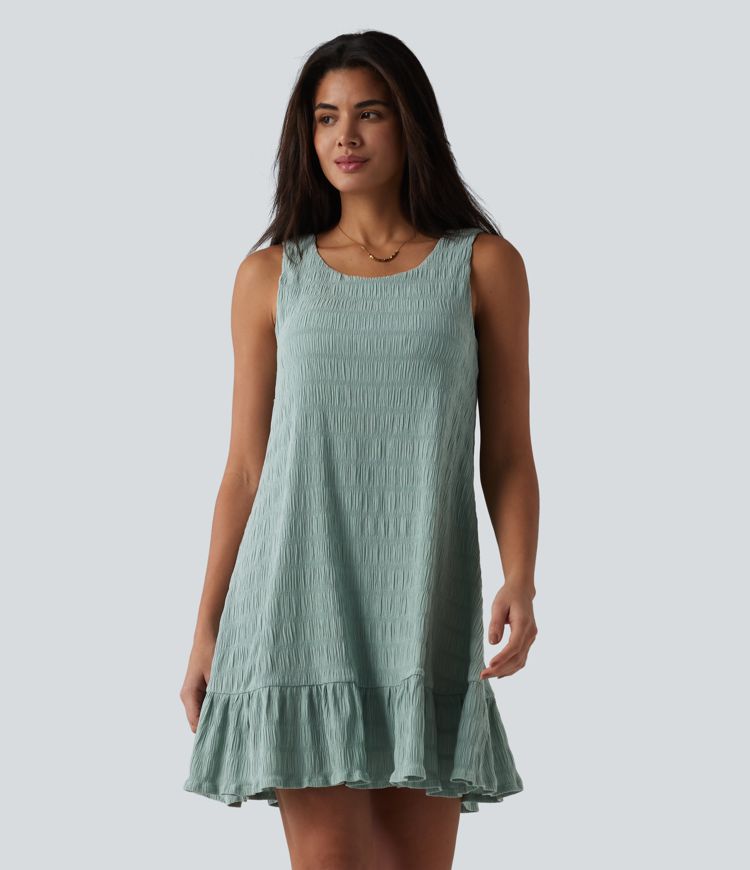 Round Neck Built-in Bra Sleeveless Ruffle Hem Mini Casual Dress Round Neck Built-in Bra Sleeveless Ruffle Hem Mini Casual Dress