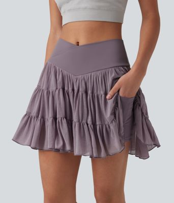 High-Waist, überlappender, fließender 2-in-1 Mini-Tennisrock mit Taschen