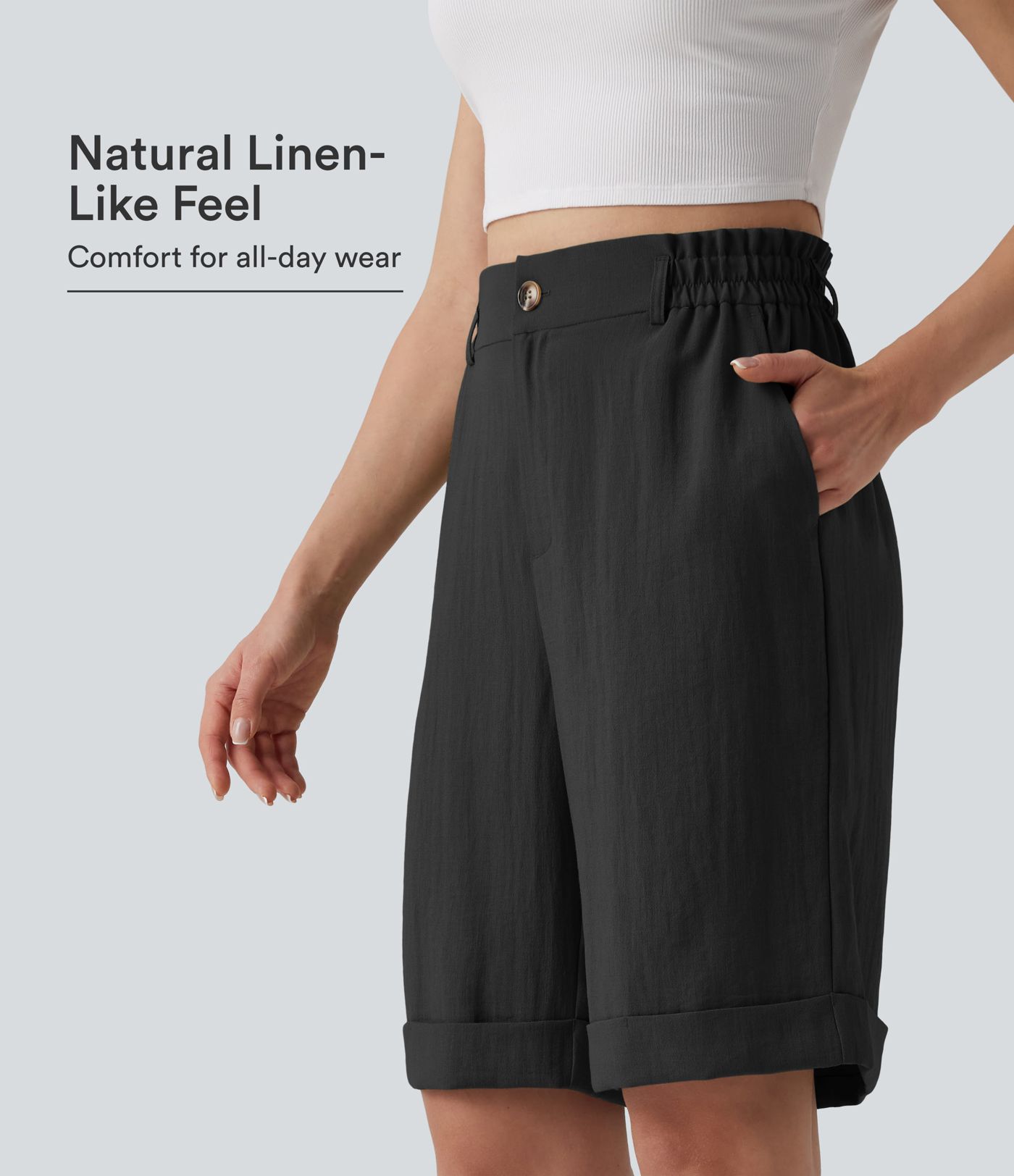 High Waisted Rolled Hem Linen-Feel Resort Bermuda Shorts 10'' with Pockets High Waisted Rolled Hem Linen-Feel Resort Bermuda Shorts 10'' with Pockets