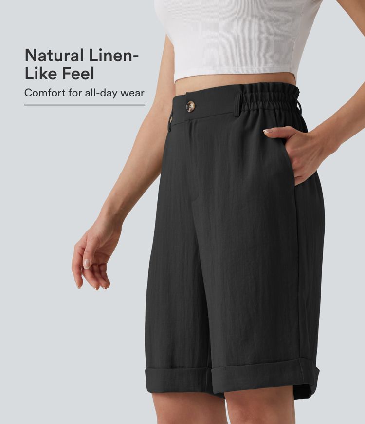 High Waisted Rolled Hem Linen-Feel Resort Bermuda Shorts 10'' with Pockets High Waisted Rolled Hem Linen-Feel Resort Bermuda Shorts 10'' with Pockets