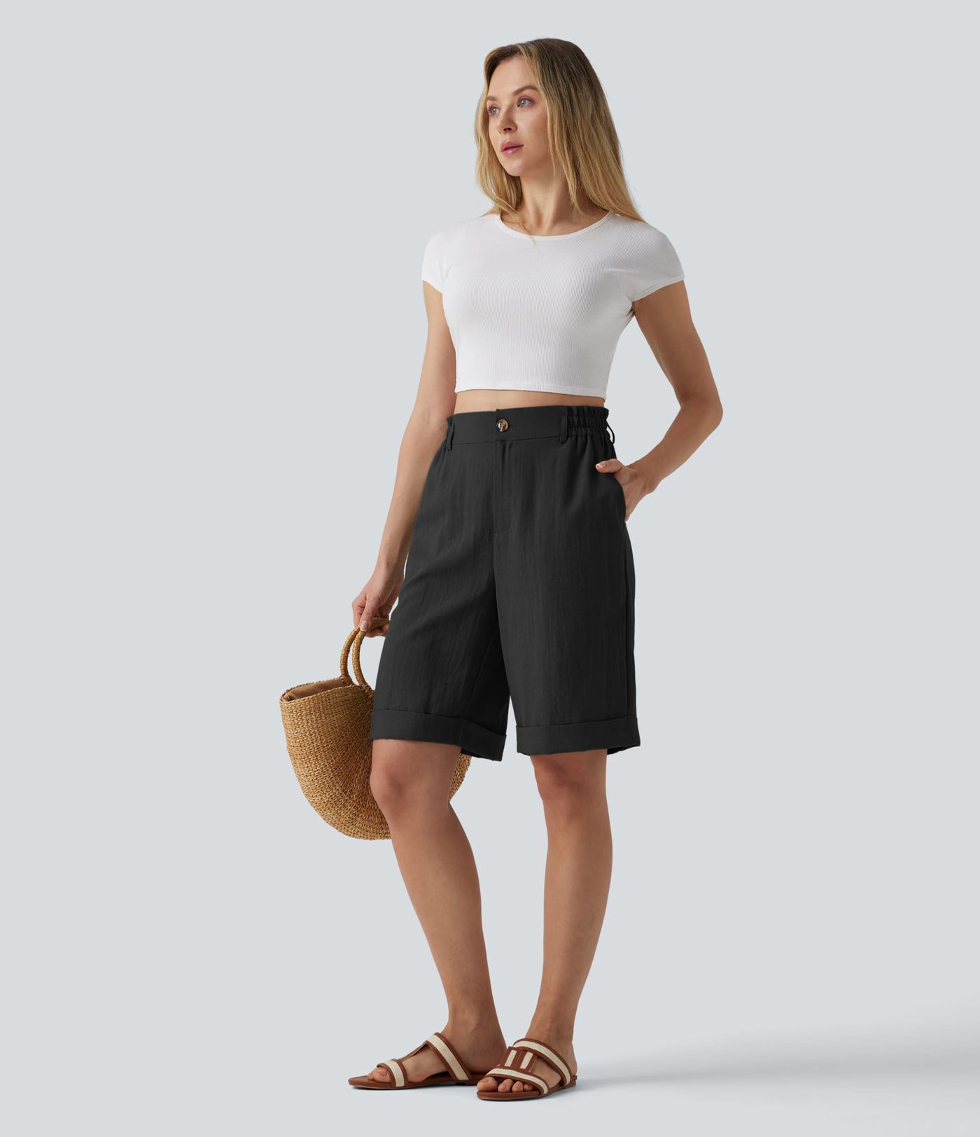 High Waisted Rolled Hem Linen-Feel Resort Bermuda Shorts 10'' with Pockets High Waisted Rolled Hem Linen-Feel Resort Bermuda Shorts 10'' with Pockets