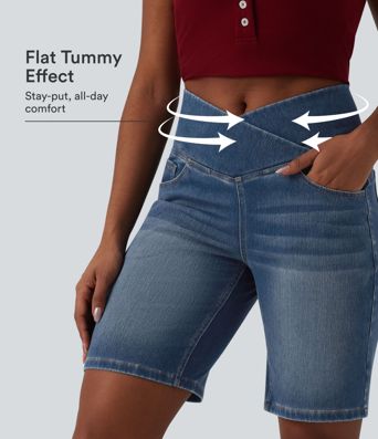 Halara Flex™ High Waisted Crossover Tummy Control Denim Casual Bermuda Shorts with Pockets Halara Flex™ High Waisted Crossover Tummy Control Denim Casual Bermuda Shorts with Pockets