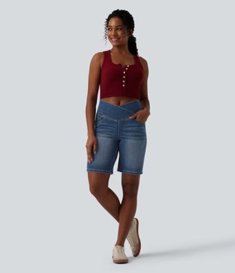 Halara Flex™ High Waisted Crossover Tummy Control Denim Casual Bermuda Shorts with Pockets Halara Flex™ High Waisted Crossover Tummy Control Denim Casual Bermuda Shorts with Pockets