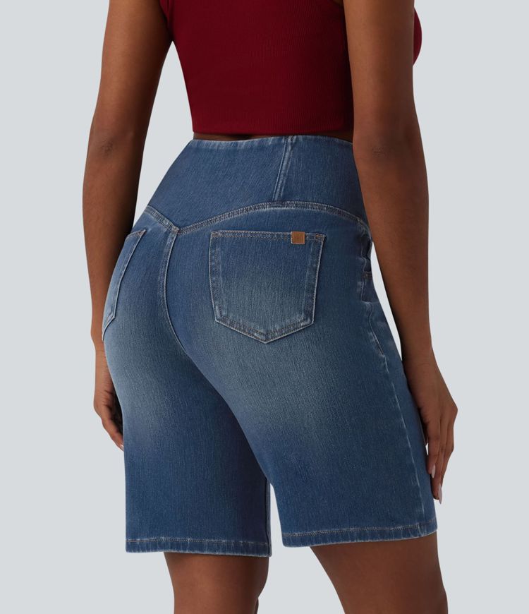 Halara Flex™ High Waisted Crossover Tummy Control Denim Casual Bermuda Shorts with Pockets Halara Flex™ High Waisted Crossover Tummy Control Denim Casual Bermuda Shorts with Pockets