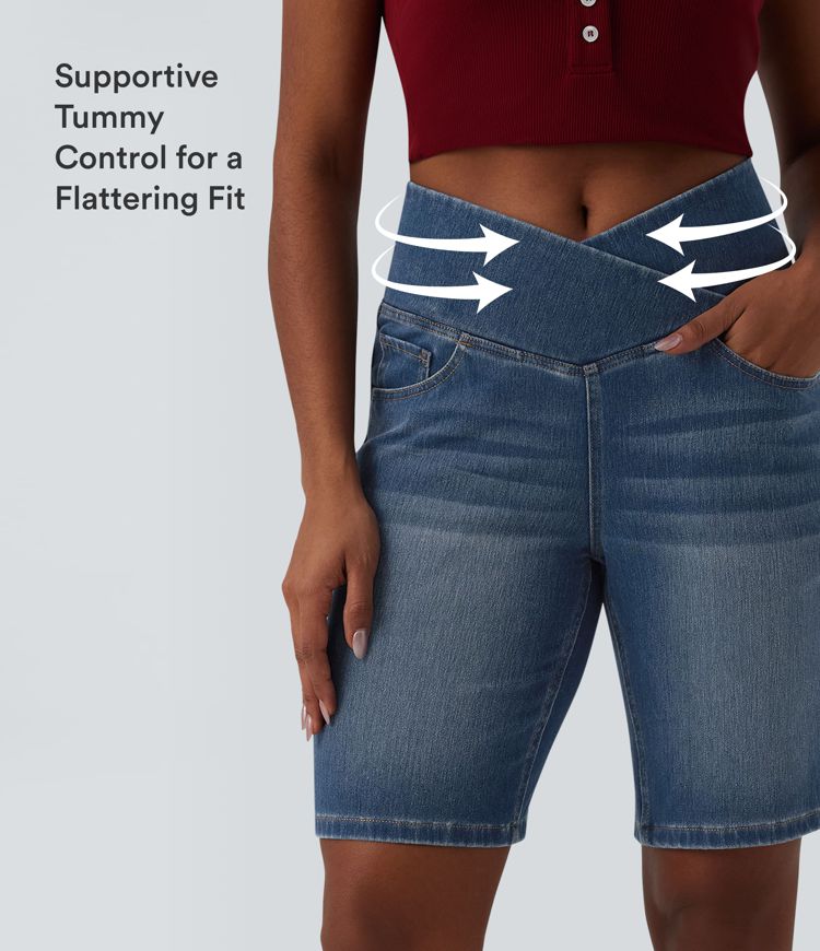 Halara Flex™ High Waisted Crossover Tummy Control Denim Casual Bermuda Shorts with Pockets Halara Flex™ High Waisted Crossover Tummy Control Denim Casual Bermuda Shorts with Pockets