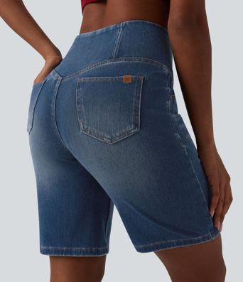 Halara Flex™ High Waisted Crossover Tummy Control Denim Casual Bermuda Shorts with Pockets Halara Flex™ High Waisted Crossover Tummy Control Denim Casual Bermuda Shorts with Pockets