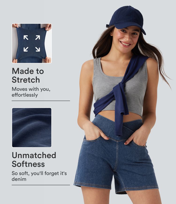 Halara Flex™ Crossover High Waisted Pockets Wide Leg A Line Washed Denim Casual Shorts Halara Flex™ Crossover High Waisted Pockets Wide Leg A Line Washed Denim Casual Shorts