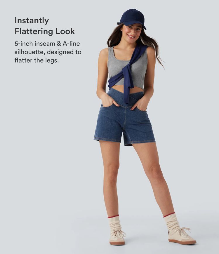Halara Flex™ Crossover High Waisted Pockets Wide Leg A Line Washed Denim Casual Shorts Halara Flex™ Crossover High Waisted Pockets Wide Leg A Line Washed Denim Casual Shorts