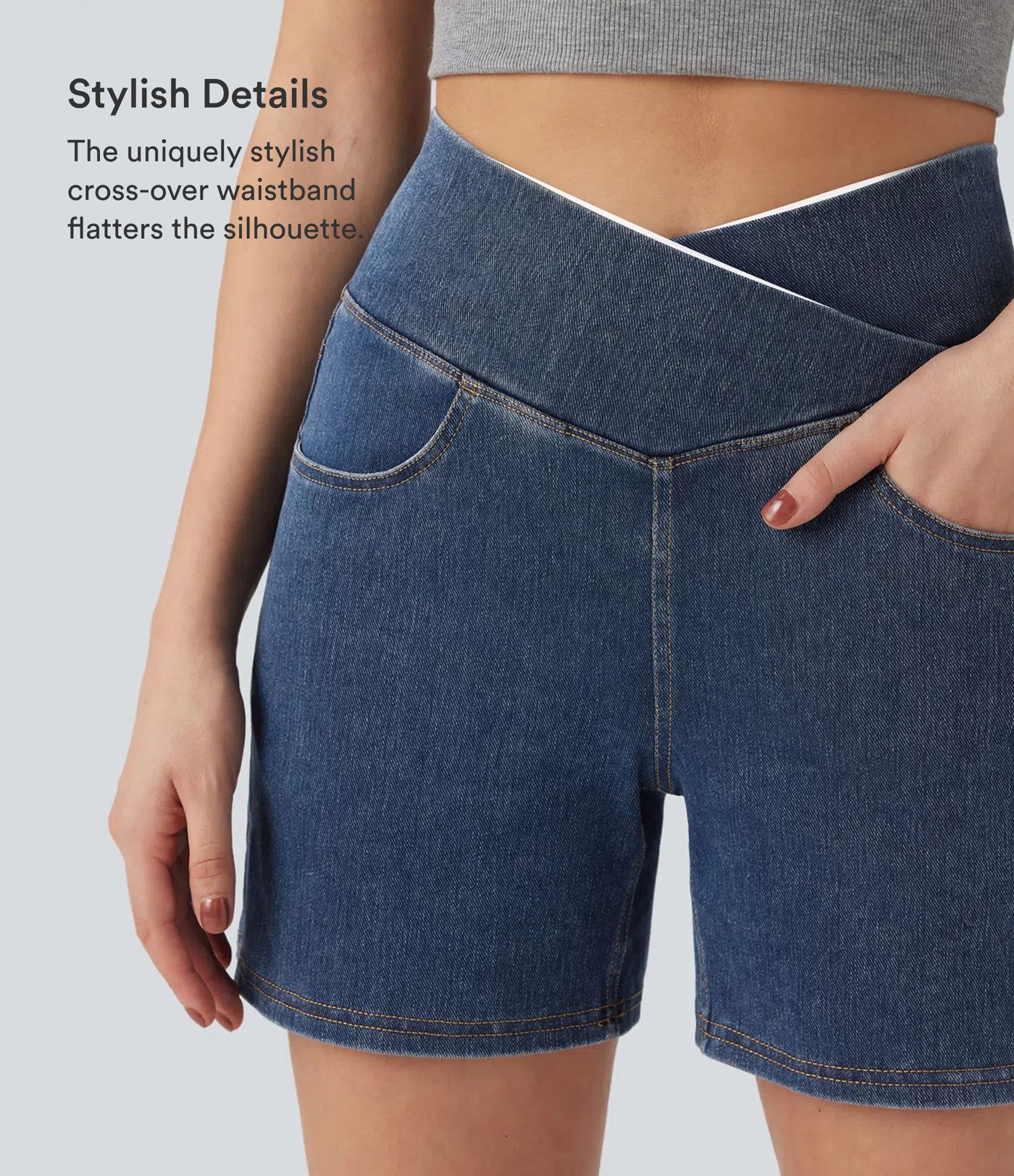 Halara Flex™ Crossover High Waisted Pockets Wide Leg A Line Washed Denim Casual Shorts Halara Flex™ Crossover High Waisted Pockets Wide Leg A Line Washed Denim Casual Shorts