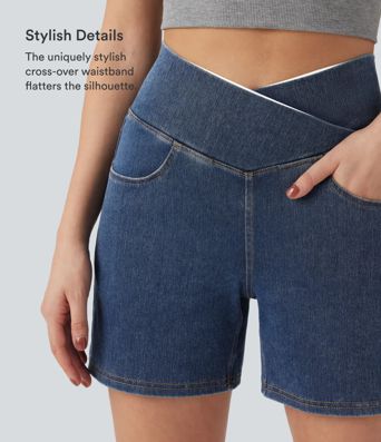 Halara Flex™ Crossover High Waisted Pockets Wide Leg A Line Washed Denim Casual Shorts Halara Flex™ Crossover High Waisted Pockets Wide Leg A Line Washed Denim Casual Shorts