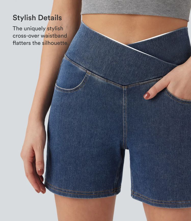 Halara Flex™ Crossover High Waisted Pockets Wide Leg A Line Washed Denim Casual Shorts Halara Flex™ Crossover High Waisted Pockets Wide Leg A Line Washed Denim Casual Shorts