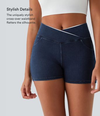 Halara Flex™ short en denim décontracté, taille haute, à poche croisée 3"