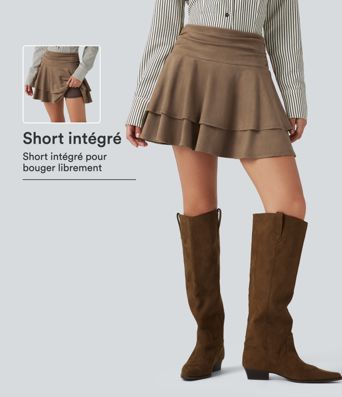 Jupe-short mini taille haute froncée en suédine à effet superposé Jupe-short mini taille haute froncée en suédine à effet superposé
