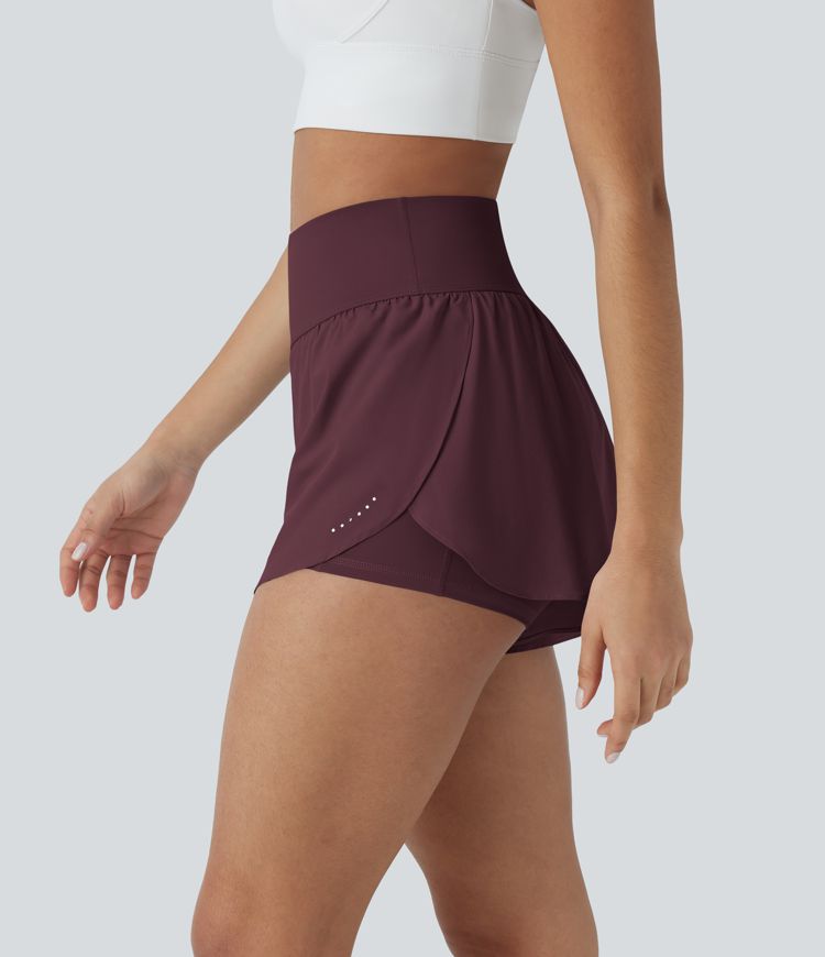SoftlyZero™ QuickDry High Waisted Tummy Control Reflective Dots Crossover Hem 2-in-1 Running Shorts 3'' with Pockets