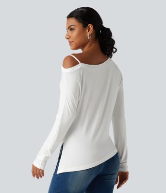 T-shirt côtelé une épaule à manches longues avec ourlet asymétrique