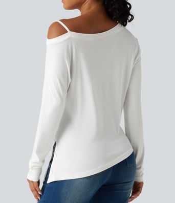 T-shirt côtelé une épaule à manches longues avec ourlet asymétrique