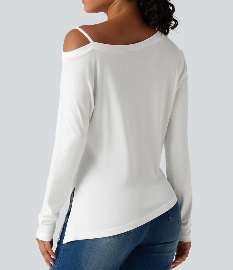 T-shirt côtelé une épaule à manches longues avec ourlet asymétrique
