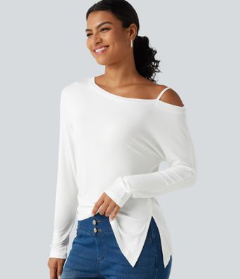 T-shirt côtelé une épaule à manches longues avec ourlet asymétrique