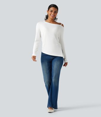 T-shirt côtelé une épaule à manches longues avec ourlet asymétrique