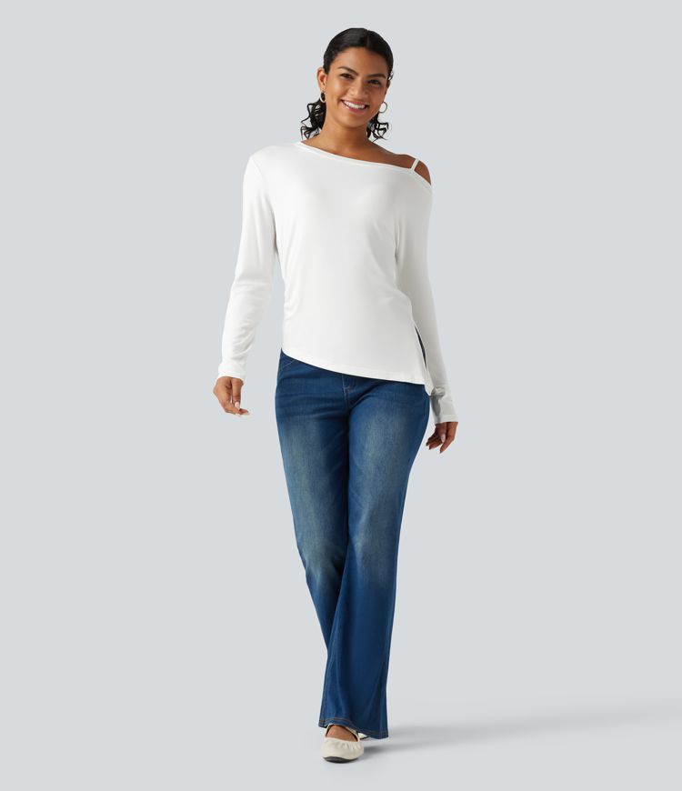 T-shirt côtelé une épaule à manches longues avec ourlet asymétrique
