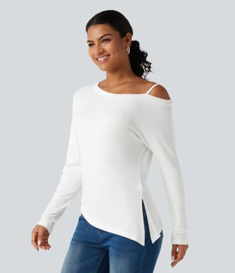 T-shirt côtelé une épaule à manches longues avec ourlet asymétrique