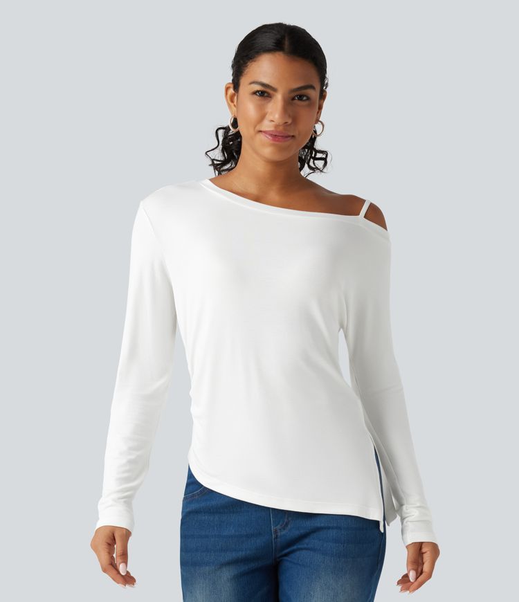 T-shirt côtelé une épaule à manches longues avec ourlet asymétrique