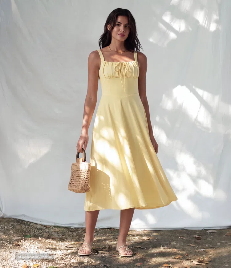 Crisscross Backless Square Neck Sleeveless Ruched Built-in Bra Midi Resort Flowy Milkmaid Dress