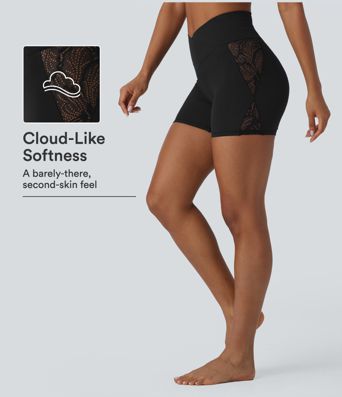 SoftlyZero™ High Waisted Crossover Contrast Lace Pocket Yoga Biker Shorts 5'' SoftlyZero™ High Waisted Crossover Contrast Lace Pocket Yoga Biker Shorts 5''