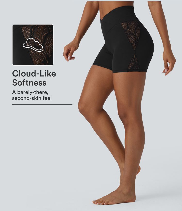 SoftlyZero™ High Waisted Crossover Contrast Lace Pocket Yoga Biker Shorts 5'' SoftlyZero™ High Waisted Crossover Contrast Lace Pocket Yoga Biker Shorts 5''