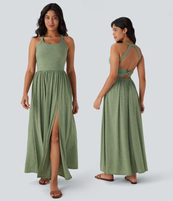 Twisted Backless Split Flowy Maxi Resort Dress with Pockets Twisted Backless Split Flowy Maxi Resort Dress with Pockets