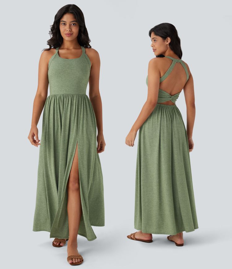 Twisted Backless Split Flowy Maxi Resort Dress with Pockets Twisted Backless Split Flowy Maxi Resort Dress with Pockets