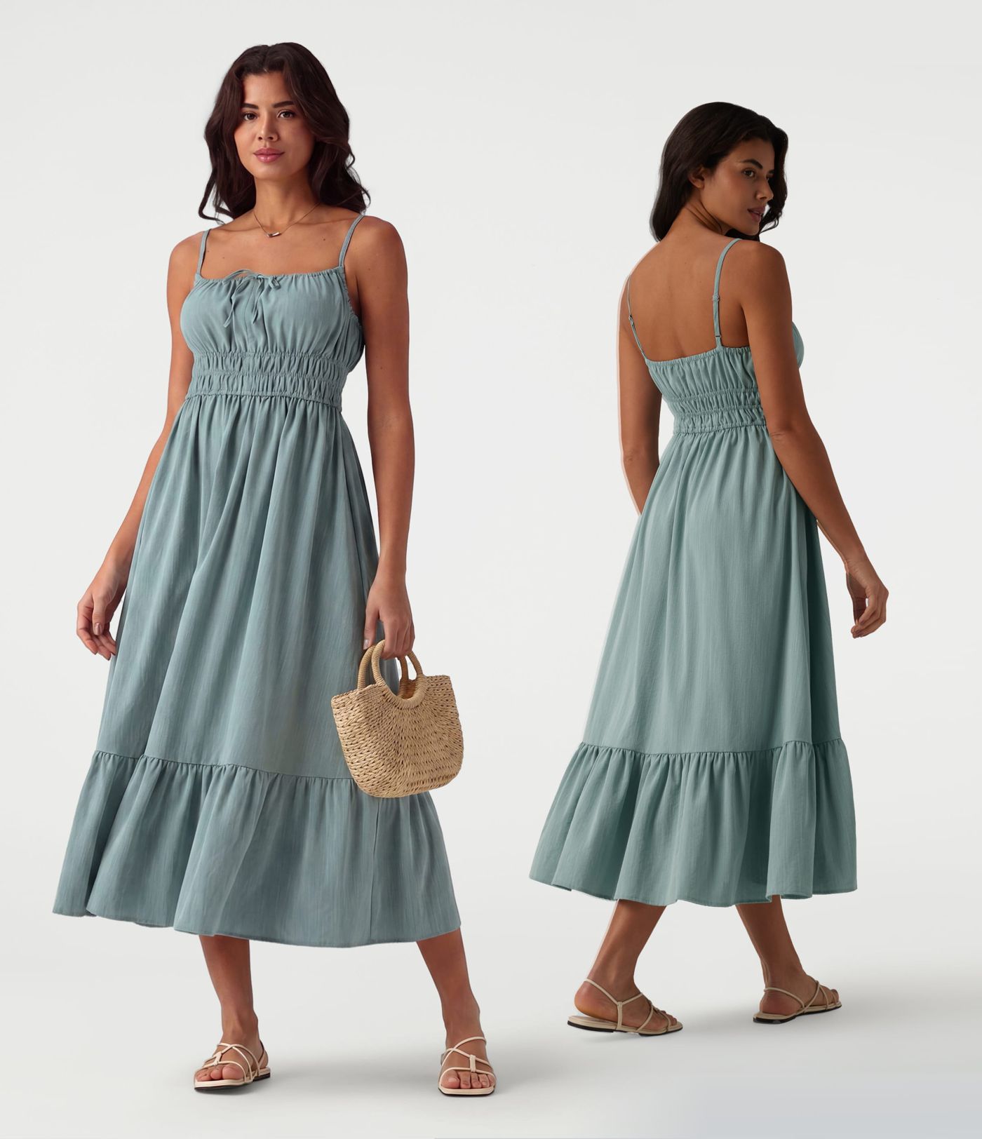 Tie Front Flowy Midi Casual Linen-Feel Slip Dress Tie Front Flowy Midi Casual Linen-Feel Slip Dress