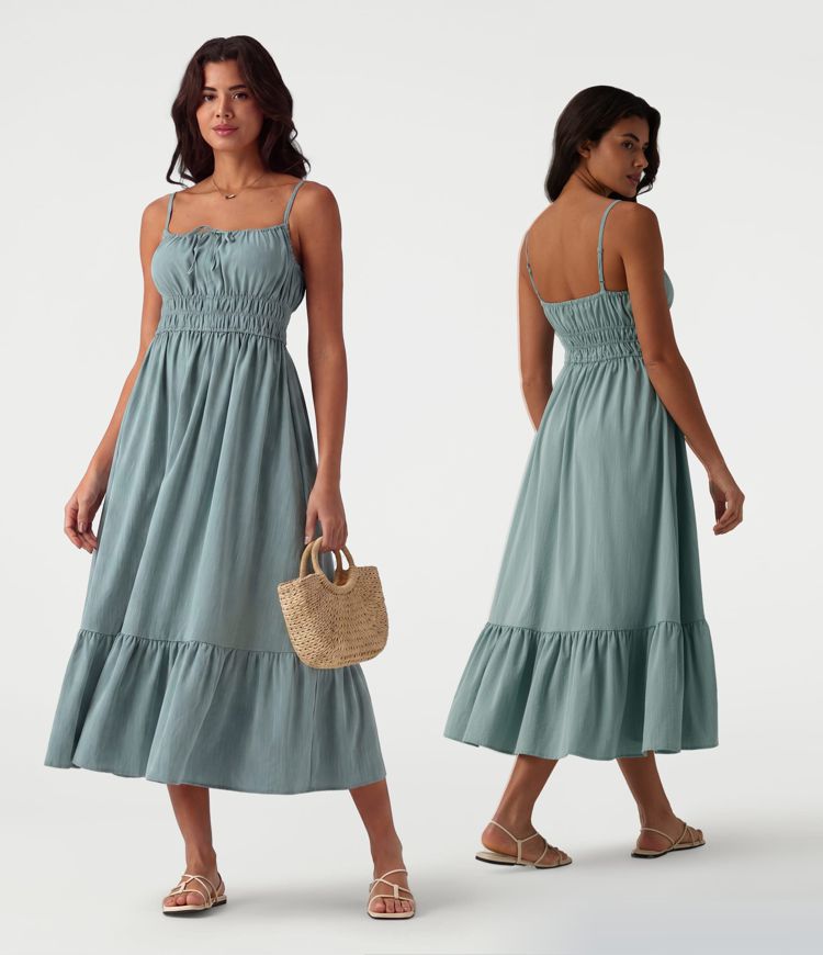 Tie Front Flowy Midi Casual Linen-Feel Slip Dress Tie Front Flowy Midi Casual Linen-Feel Slip Dress