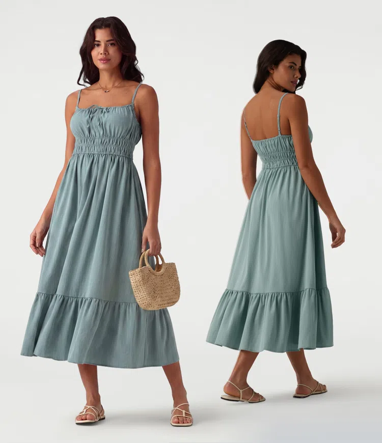 Silverwood Sage Vestido lencero midi estilo milkmaid, fluido y casual, con lazo delantero y efecto lino / 1