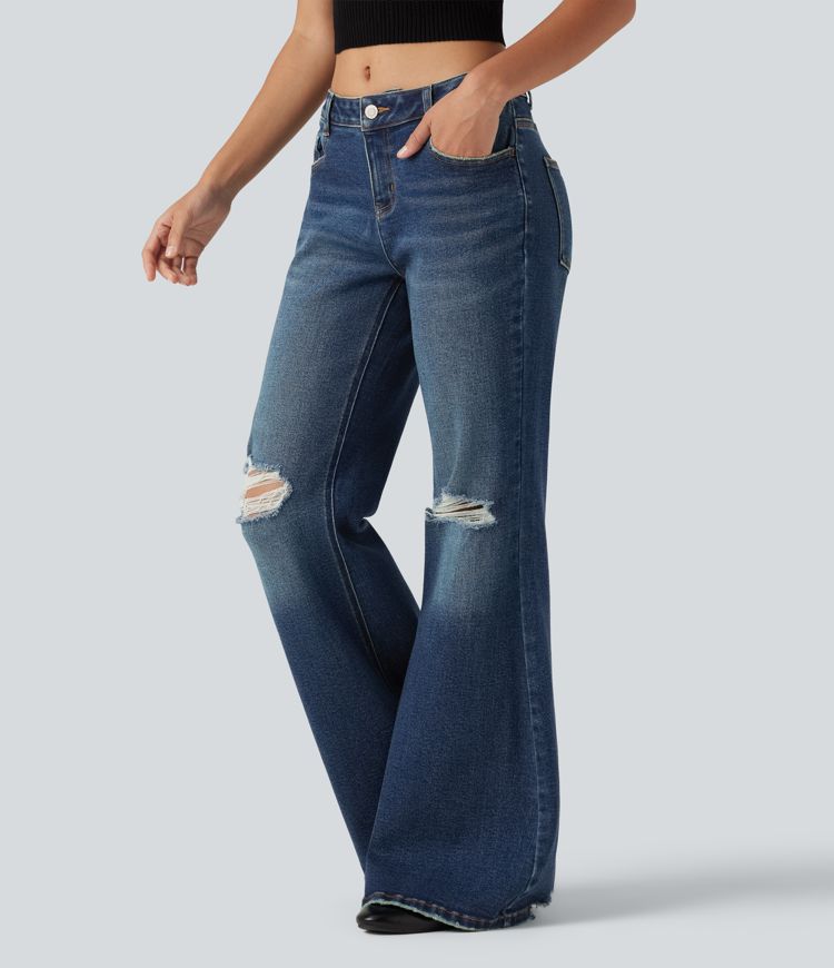 Niedrig geschnittene, lässige ausgestellte Jeans mit Taschen