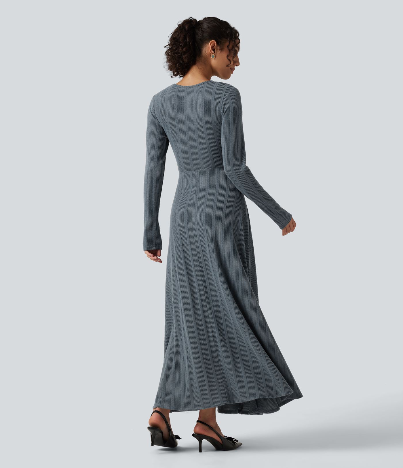 Round Neck Cut Out Long Sleeve Flowy Midi Casual Dress Round Neck Cut Out Long Sleeve Flowy Midi Casual Dress
