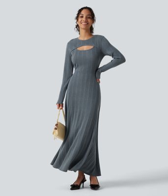 Round Neck Cut Out Long Sleeve Flowy Midi Casual Dress Round Neck Cut Out Long Sleeve Flowy Midi Casual Dress