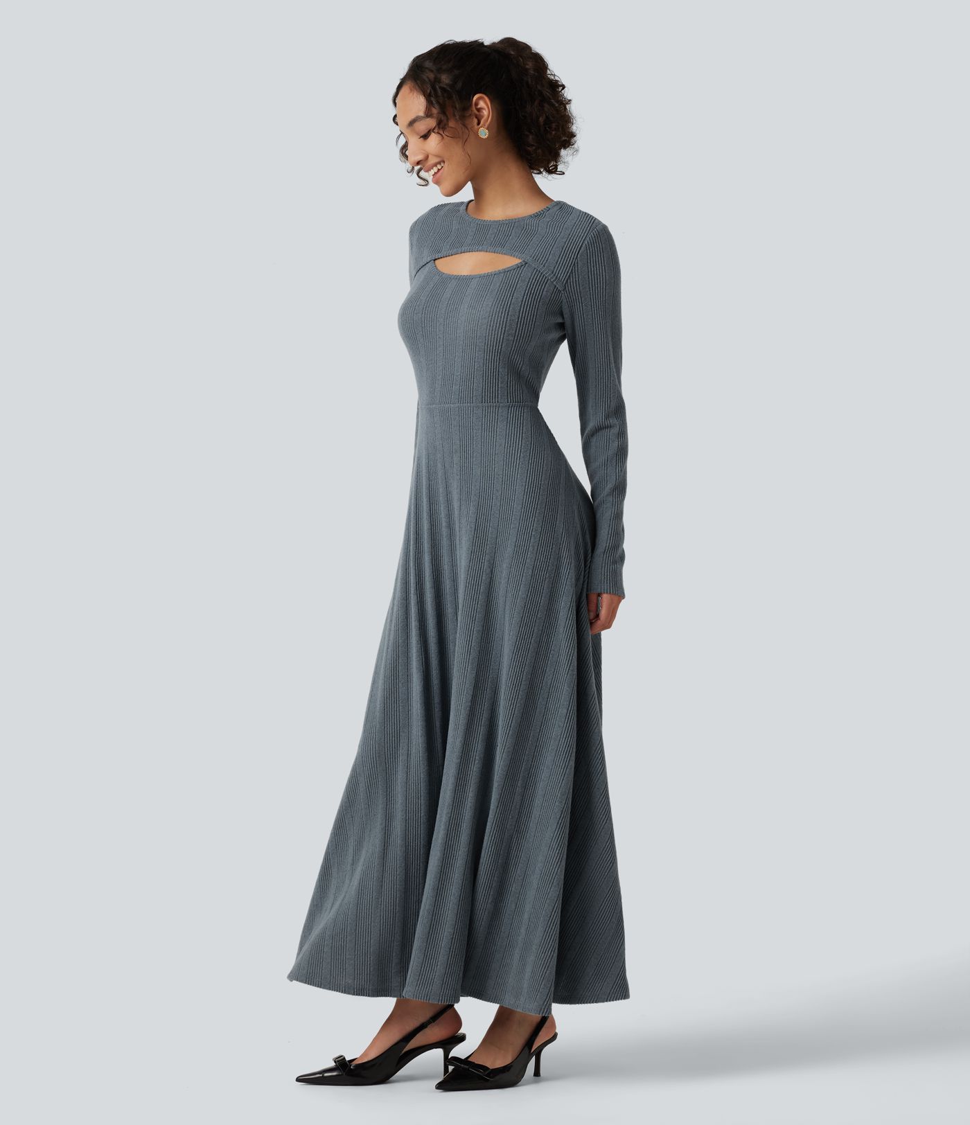 Round Neck Cut Out Long Sleeve Flowy Midi Casual Dress Round Neck Cut Out Long Sleeve Flowy Midi Casual Dress