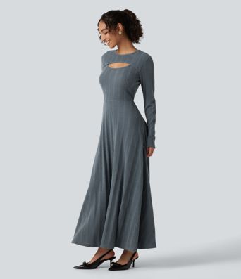 Round Neck Cut Out Long Sleeve Flowy Midi Casual Dress Round Neck Cut Out Long Sleeve Flowy Midi Casual Dress