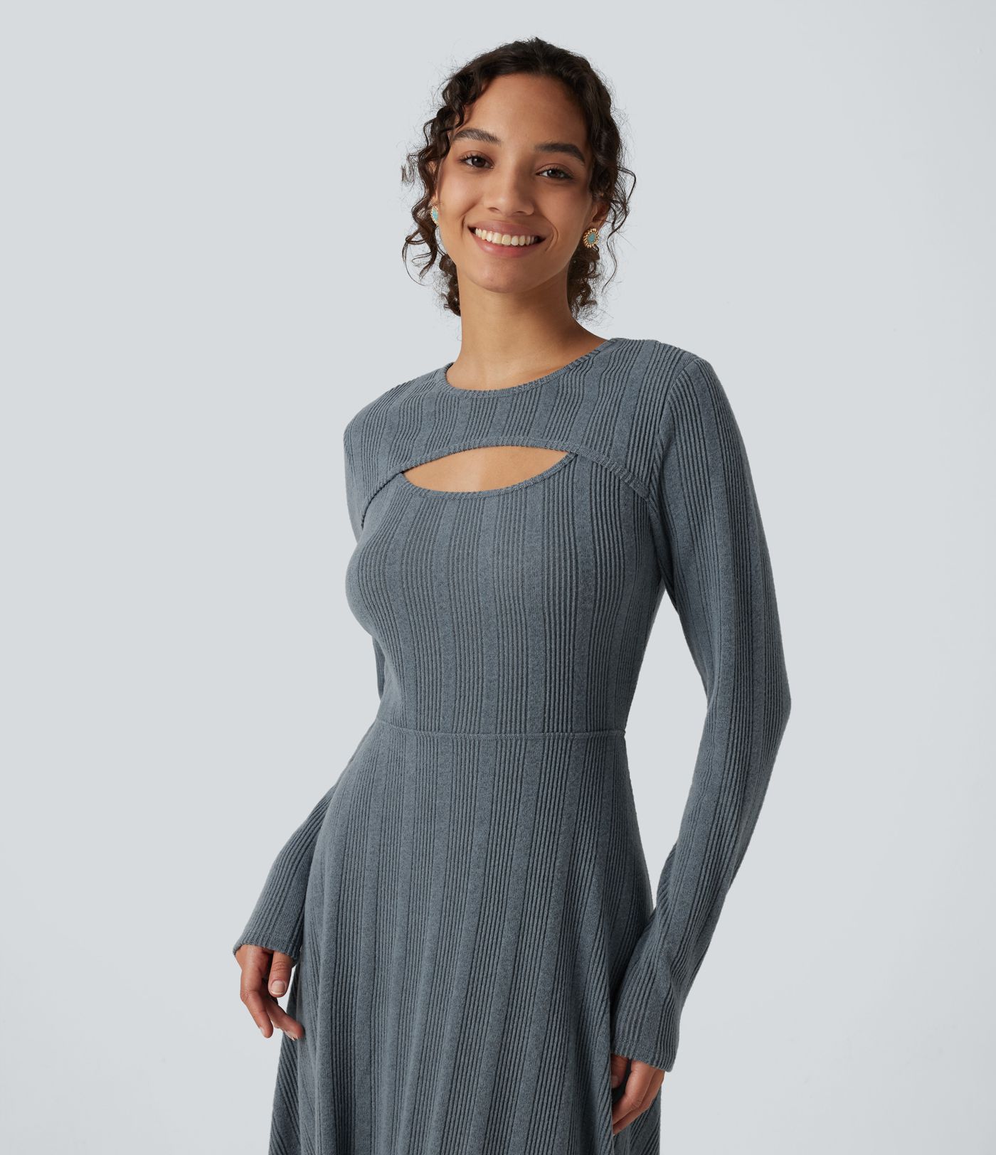 Round Neck Cut Out Long Sleeve Flowy Midi Casual Dress Round Neck Cut Out Long Sleeve Flowy Midi Casual Dress