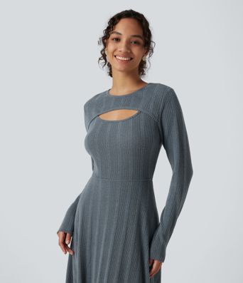 Round Neck Cut Out Long Sleeve Flowy Midi Casual Dress Round Neck Cut Out Long Sleeve Flowy Midi Casual Dress