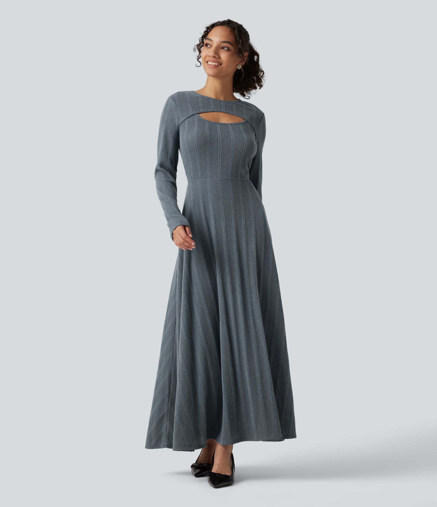 Round Neck Cut Out Long Sleeve Flowy Midi Casual Dress Round Neck Cut Out Long Sleeve Flowy Midi Casual Dress